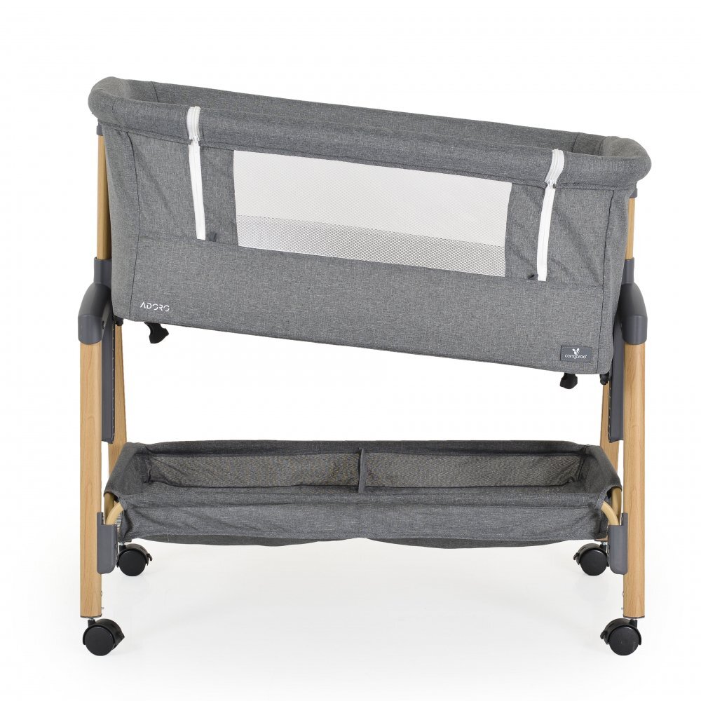 CANGAROO Patut Co-Sleeper Adoro Grey 90x53 cm cu laterala culisanta Saltea si Plasa de insecte incluse Spatiu depozitare 7 nivele de reglare a inaltimii Roti cu frana