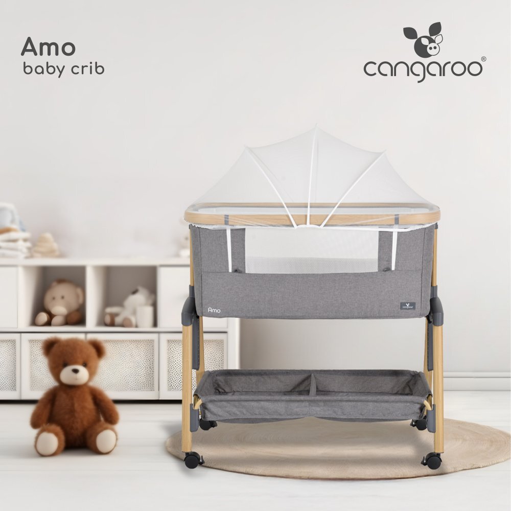 CANGAROO Patut Co-Sleeper Amo Beige 91x49x89 cm cu laterala culisantafixare langa patul parinteluIinaltime reglabila in 7 pozitiiroti cu blocareraft pentru accesoriipozitie antirefluxsaltea si plasa insecte inclusa