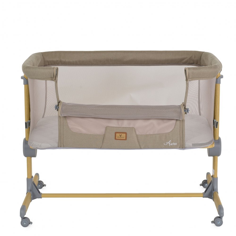 CANGAROO Patut Co-Sleeper Aura Beige 88x56 cm cu laterala culisanta saltea cu baza ferma si husa detasabila functie anti reflux 7 nivele de reglare a inaltimii 4 roti cu franarecomandat de la nastere pana la 9 kg