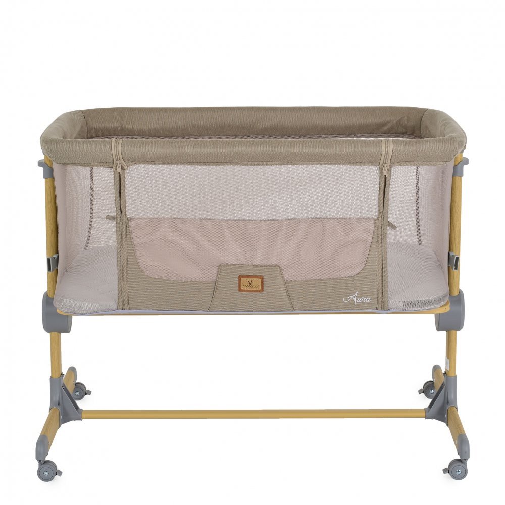 CANGAROO Patut Co-Sleeper Aura Beige 88x56 cm cu laterala culisanta saltea cu baza ferma si husa detasabila functie anti reflux 7 nivele de reglare a inaltimii 4 roti cu franarecomandat de la nastere pana la 9 kg