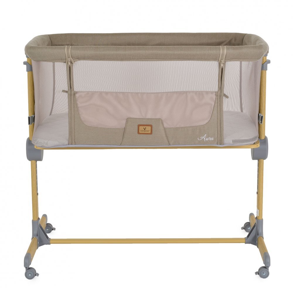 CANGAROO Patut Co-Sleeper Aura Beige 88x56 cm cu laterala culisanta saltea cu baza ferma si husa detasabila functie anti reflux 7 nivele de reglare a inaltimii 4 roti cu franarecomandat de la nastere pana la 9 kg