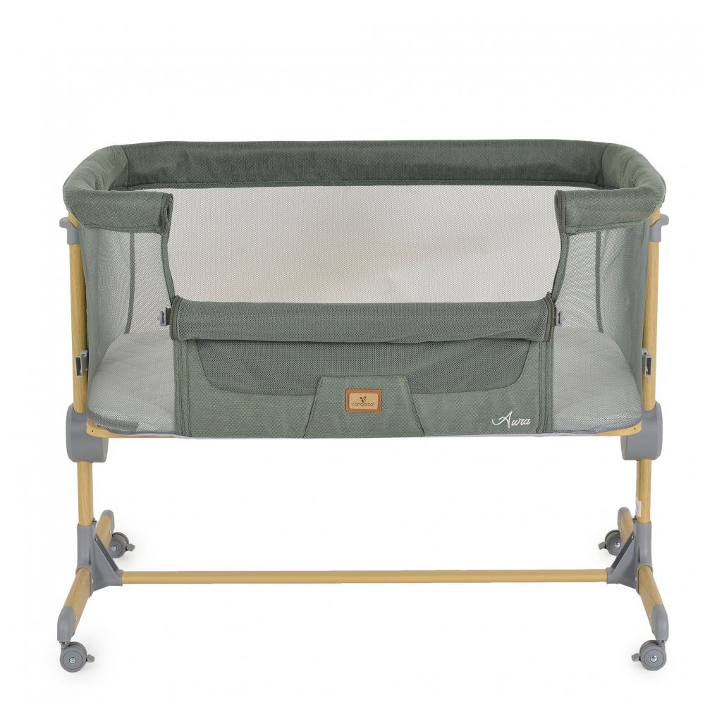 CANGAROO Patut Co-Sleeper Aura Green 88x56 cm cu laterala culisanta saltea cu baza ferma si husa detasabila functie anti reflux 7 nivele de reglare a inaltimii 4 roti cu franarecomandat de la nastere pana la 9 kg