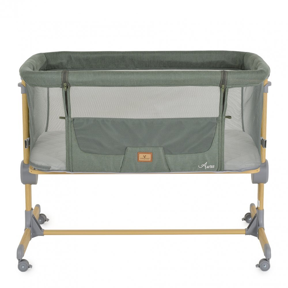 CANGAROO Patut Co-Sleeper Aura Green 88x56 cm cu laterala culisanta saltea cu baza ferma si husa detasabila functie anti reflux 7 nivele de reglare a inaltimii 4 roti cu franarecomandat de la nastere pana la 9 kg