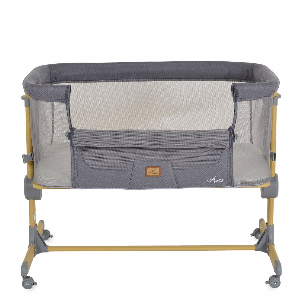 CANGAROO Patut Co-Sleeper Aura Grey 88x56 cm cu laterala culisanta saltea cu baza ferma si husa detasabila functie anti reflux 7 nivele de reglare a inaltimii 4 roti cu franarecomandat de la nastere pana la 9 kg