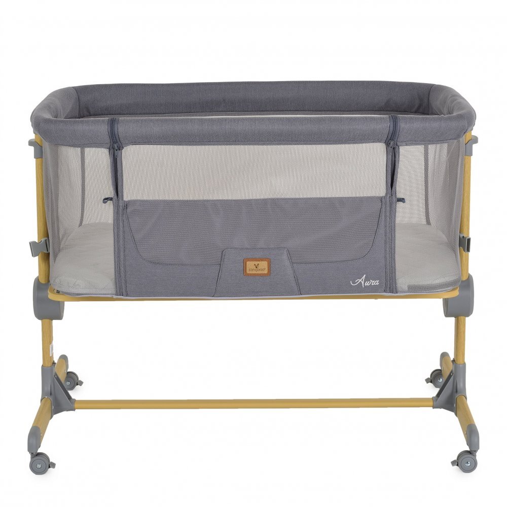 CANGAROO Patut Co-Sleeper Aura Grey 88x56 cm cu laterala culisanta saltea cu baza ferma si husa detasabila functie anti reflux 7 nivele de reglare a inaltimii 4 roti cu franarecomandat de la nastere pana la 9 kg