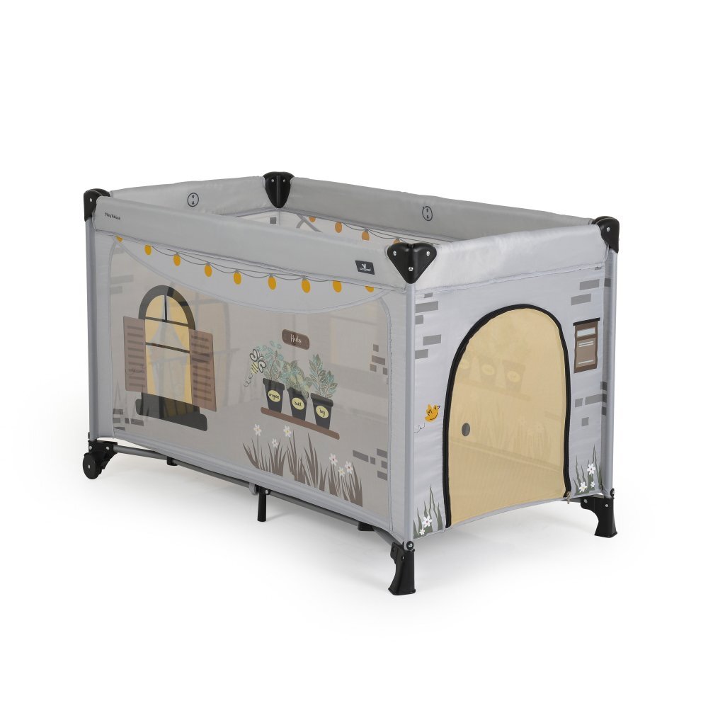 CANGAROO Patut pliabil 2in1 Playhouse Gri 124x63x126 cm cu doua nivelesaltea pliabila inclusaroti cu franeintrare cu fermoaracoperis si geanta transport incluse