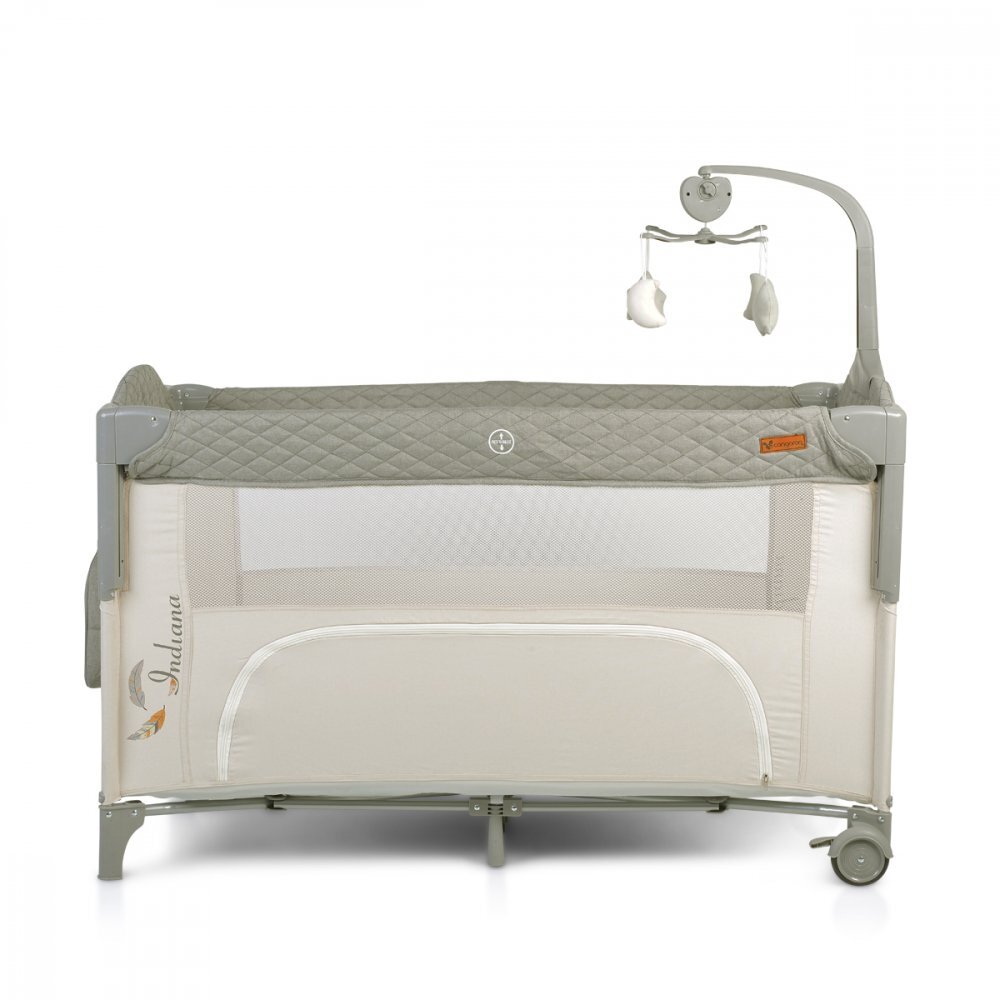 CANGAROO Patut pliabil de calatorie 3in1 Indiana Grey cu 2 nivele laterala culisanta organizator haine cu 4 compartimente segmente plasa de ventilatie geanta accesorii saltea si carusel