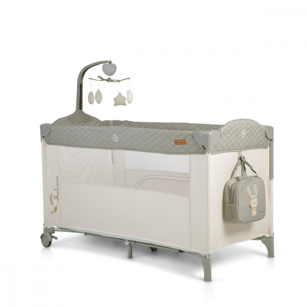 CANGAROO Patut pliabil de calatorie 3in1 Indiana Grey cu 2 nivele laterala culisanta organizator haine cu 4 compartimente segmente plasa de ventilatie geanta accesorii saltea si carusel