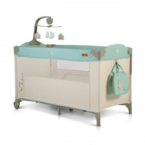 CANGAROO Patut pliabil de calatorie 3in1 Indiana Mint cu 2 nivele laterala culisanta organizator haine cu 4 compartimente segmente plasa de ventilatie geanta accesorii saltea si carusel