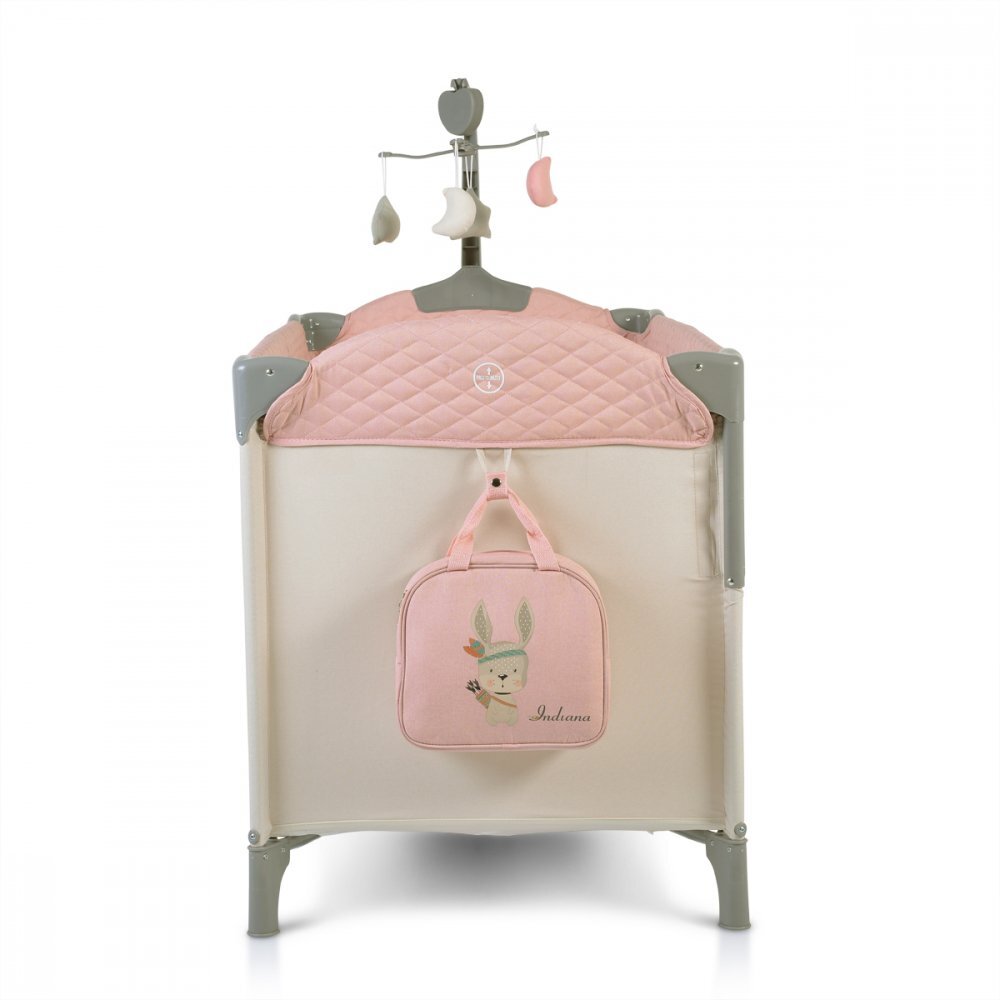 CANGAROO Patut pliabil de calatorie 3in1 Indiana Pink cu 2 nivele laterala culisanta organizator haine cu 4 compartimente segmente plasa de ventilatie geanta accesorii saltea si carusel