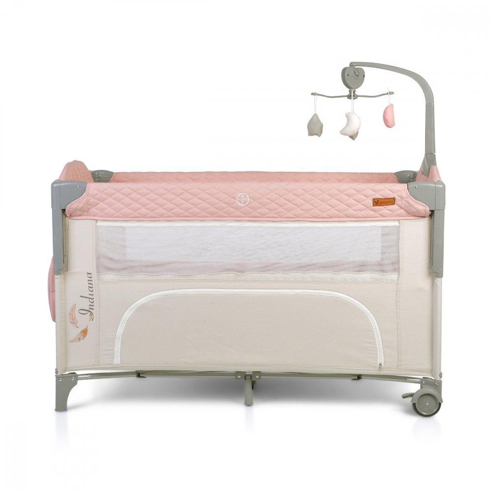 CANGAROO Patut pliabil de calatorie 3in1 Indiana Pink cu 2 nivele laterala culisanta organizator haine cu 4 compartimente segmente plasa de ventilatie geanta accesorii saltea si carusel