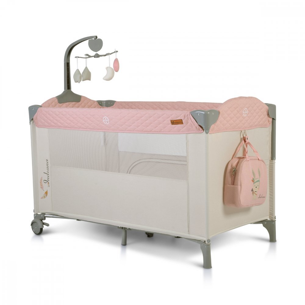CANGAROO Patut pliabil de calatorie 3in1 Indiana Pink cu 2 nivele laterala culisanta organizator haine cu 4 compartimente segmente plasa de ventilatie geanta accesorii saltea si carusel