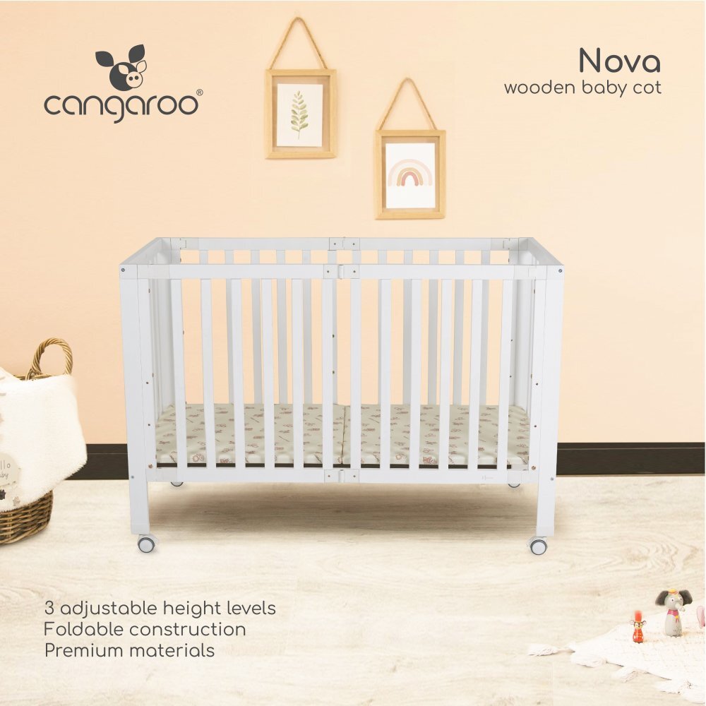 CANGAROO Patut pliabil din lemn pentru copii Nova 124.5x65x86 cm somiera reglabila pe 3 nivele de inaltime 4 roti cu sistem de blocare materiale si vopsele sigure