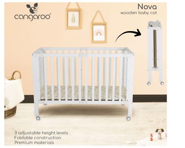 CANGAROO Patut pliabil din lemn pentru copii Nova 124.5x65x86 cm somiera reglabila pe 3 nivele de inaltime 4 roti cu sistem de blocare materiale si vopsele sigure