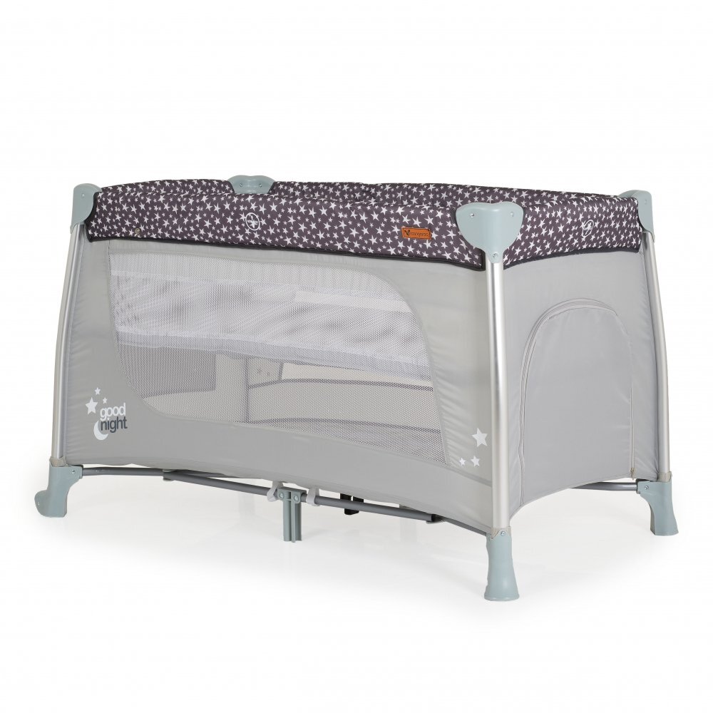 CANGAROO Patut pliabil Good Night Silver cu 2 nivele usita cu fermoar bara de jucarii roti cu blocare geanta de transport si masuta de infasat