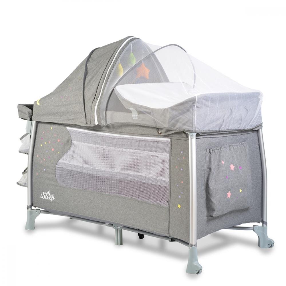 CANGAROO Patut pliabil ISleep Grey 120x60 cm cu 2 nivelesistem de leganareroti cu franeOrganizator cu 3 niveleSaltea pliabilaMasuta de infasatBara jucariiIneleGeanta transport si Capotina cu plasa insecte incluse