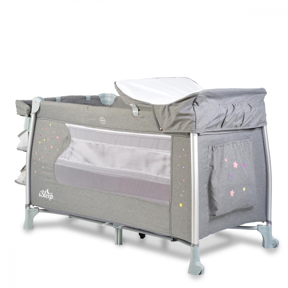 CANGAROO Patut pliabil ISleep Grey 120x60 cm cu 2 nivelesistem de leganareroti cu franeOrganizator cu 3 niveleSaltea pliabilaMasuta de infasatBara jucariiIneleGeanta transport si Capotina cu plasa insecte incluse