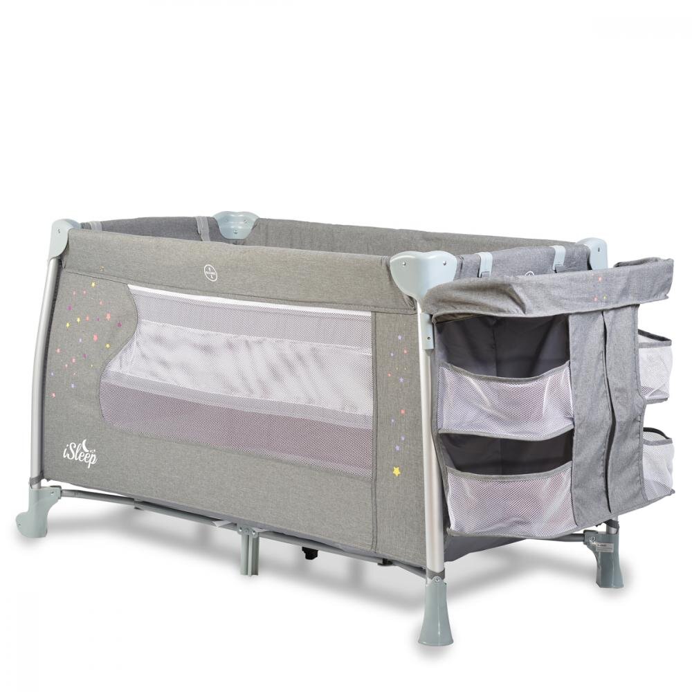 CANGAROO Patut pliabil ISleep Grey 120x60 cm cu 2 nivelesistem de leganareroti cu franeOrganizator cu 3 niveleSaltea pliabilaMasuta de infasatBara jucariiIneleGeanta transport si Capotina cu plasa insecte incluse