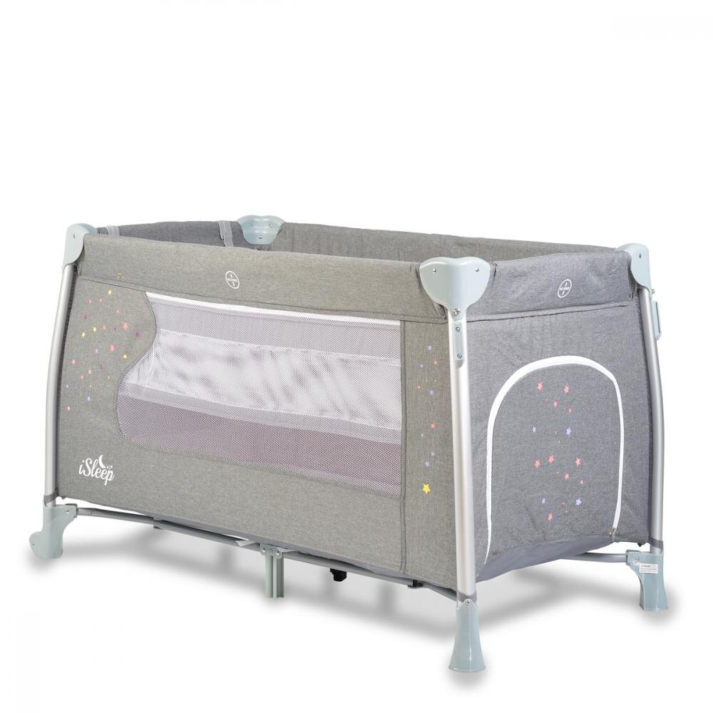 CANGAROO Patut pliabil ISleep Grey 120x60 cm cu 2 nivelesistem de leganareroti cu franeOrganizator cu 3 niveleSaltea pliabilaMasuta de infasatBara jucariiIneleGeanta transport si Capotina cu plasa insecte incluse