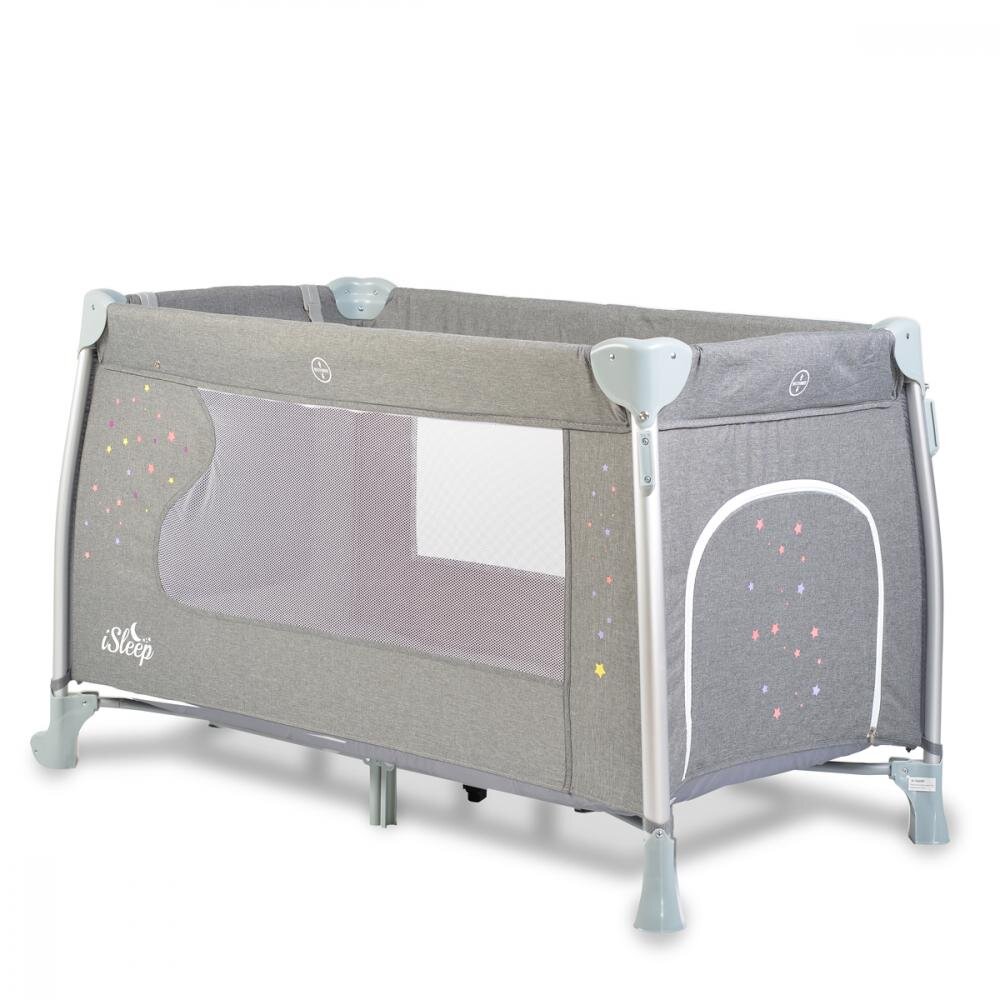 CANGAROO Patut pliabil ISleep Grey 120x60 cm cu 2 nivelesistem de leganareroti cu franeOrganizator cu 3 niveleSaltea pliabilaMasuta de infasatBara jucariiIneleGeanta transport si Capotina cu plasa insecte incluse