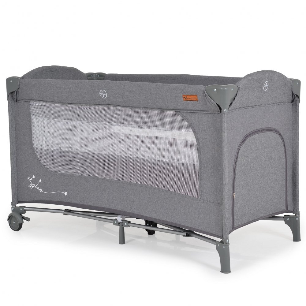 CANGAROO Patut pliabil multifunctional 2in1 SkyGlow Grey cu 2 niveleroti cu blocareUsa de acces cu fermoarlaterala cu plasa de ventilatiepliabil compact2 inele de sustinere si saltea pliabila incluse