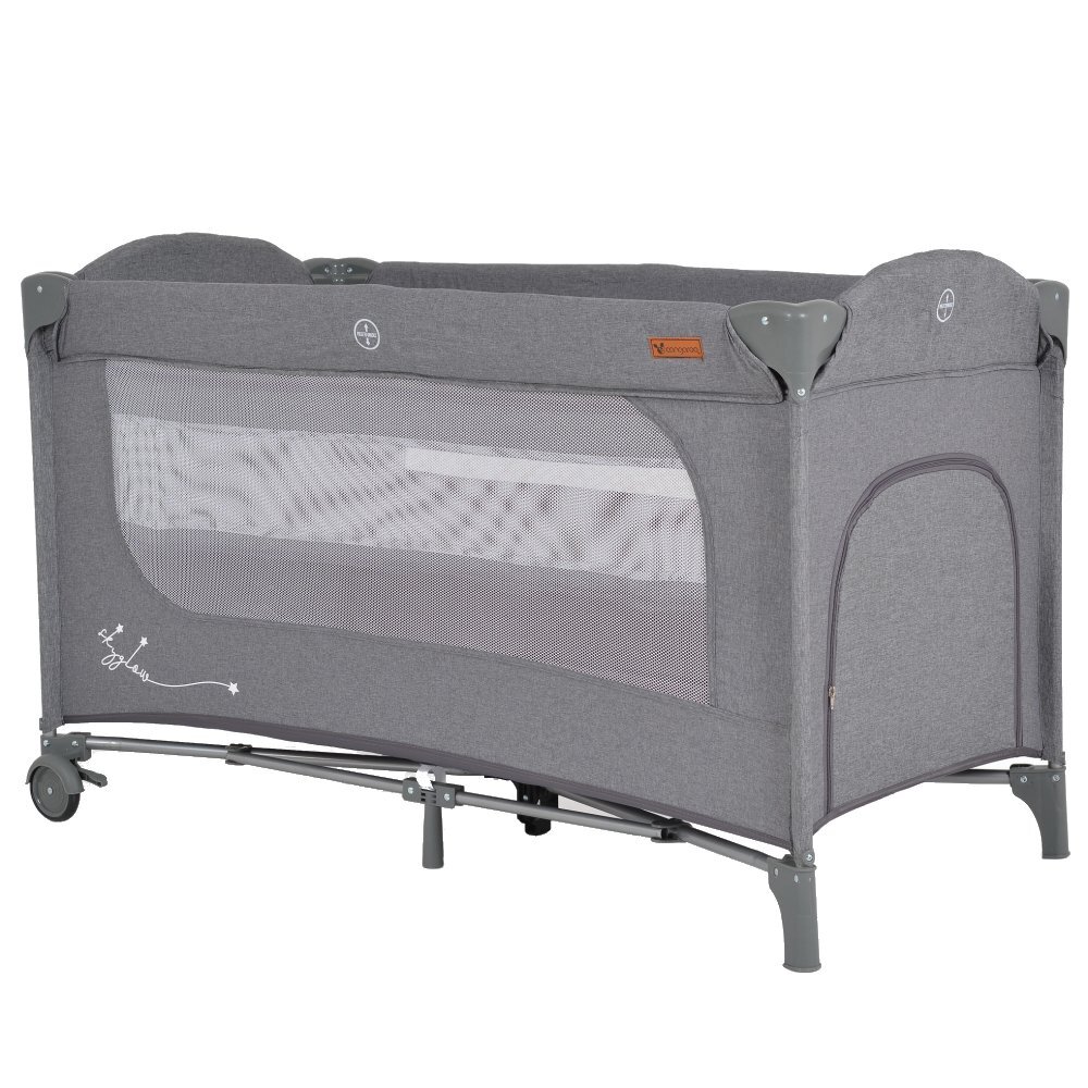 CANGAROO Patut pliabil multifunctional 2in1 SkyGlow Grey cu 2 niveleroti cu blocareUsa de acces cu fermoarlaterala cu plasa de ventilatiepliabil compact2 inele de sustinere si saltea pliabila incluse