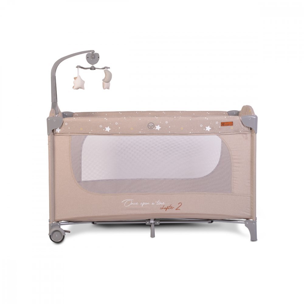 CANGAROO Patut pliabil pentru copii cu 2 nivele Once Upon a Time L2 Beige usa acces cu fermoar buzunar accesorii saltea pliabilacarusel muzical si geanta transport incluse