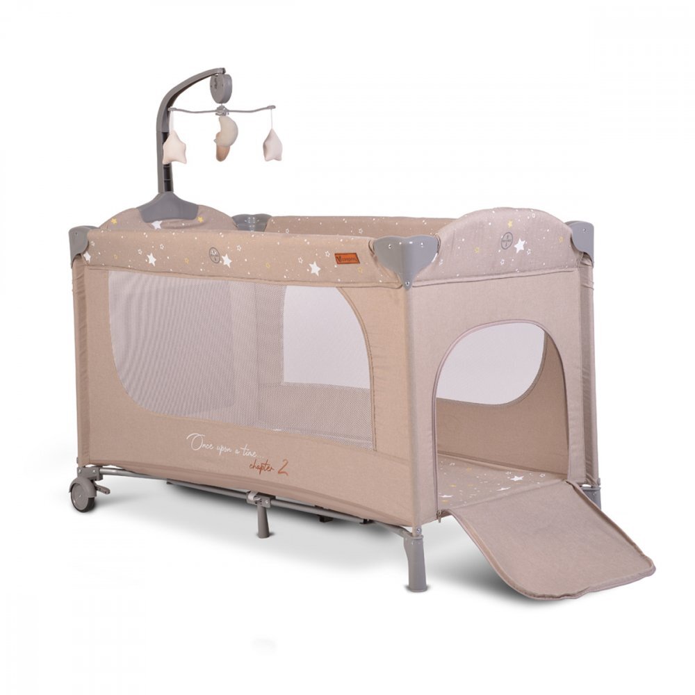 CANGAROO Patut pliabil pentru copii cu 2 nivele Once Upon a Time L2 Beige usa acces cu fermoar buzunar accesorii saltea pliabilacarusel muzical si geanta transport incluse