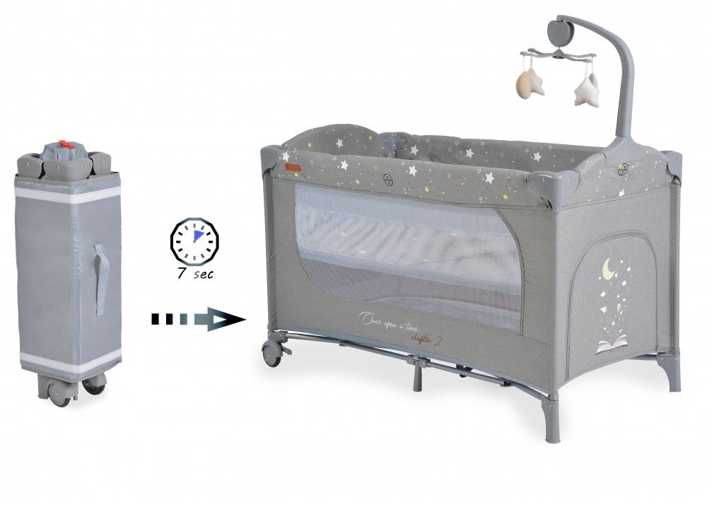 CANGAROO Patut pliabil pentru copii cu 2 nivele Once Upon a Time L2 Grey usa acces cu fermoar buzunar accesorii saltea pliabilacarusel muzical si geanta transport incluse