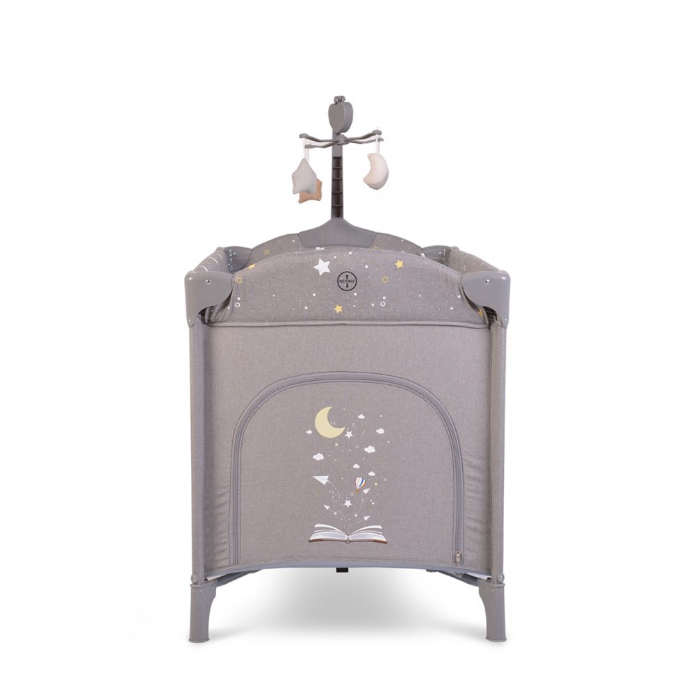 CANGAROO Patut pliabil pentru copii cu 2 nivele Once Upon a Time L2 Grey usa acces cu fermoar buzunar accesorii saltea pliabilacarusel muzical si geanta transport incluse