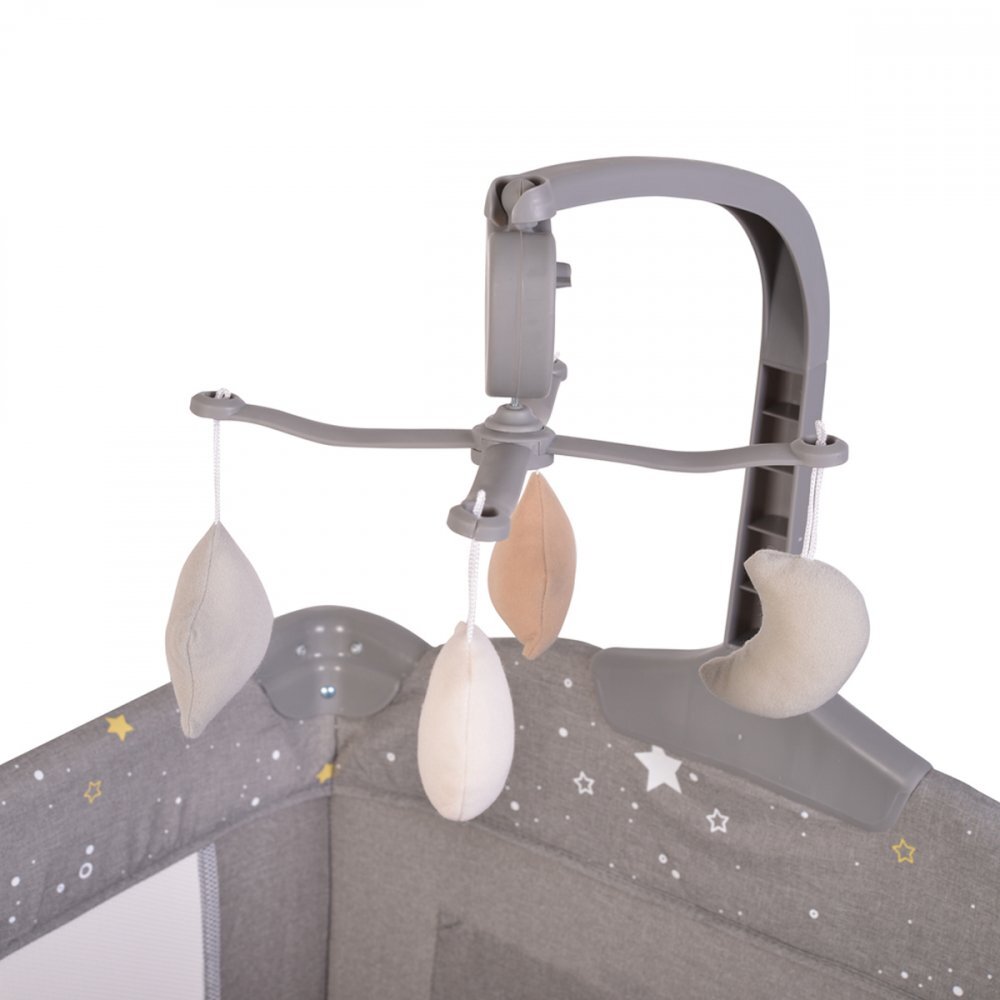 CANGAROO Patut pliabil pentru copii cu 2 nivele Once Upon a Time L2 Grey usa acces cu fermoar buzunar accesorii saltea pliabilacarusel muzical si geanta transport incluse