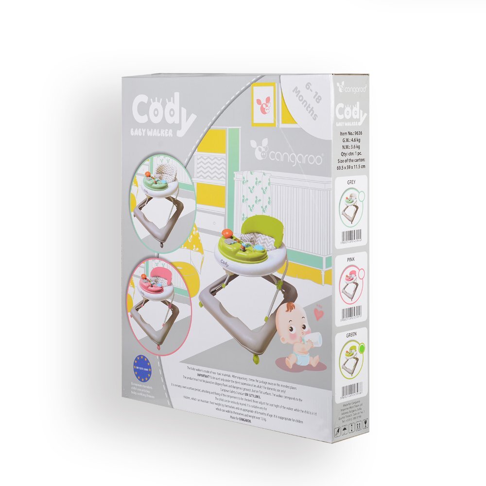 CANGAROO Premergator pentru copii Cody Green pliabilinaltime reglabila 3 pozitiiscaun cu spatar inalt si moaleroti pivotante6 dopuri din silicon anti-alunecarepanou muzical cu 12 melodii