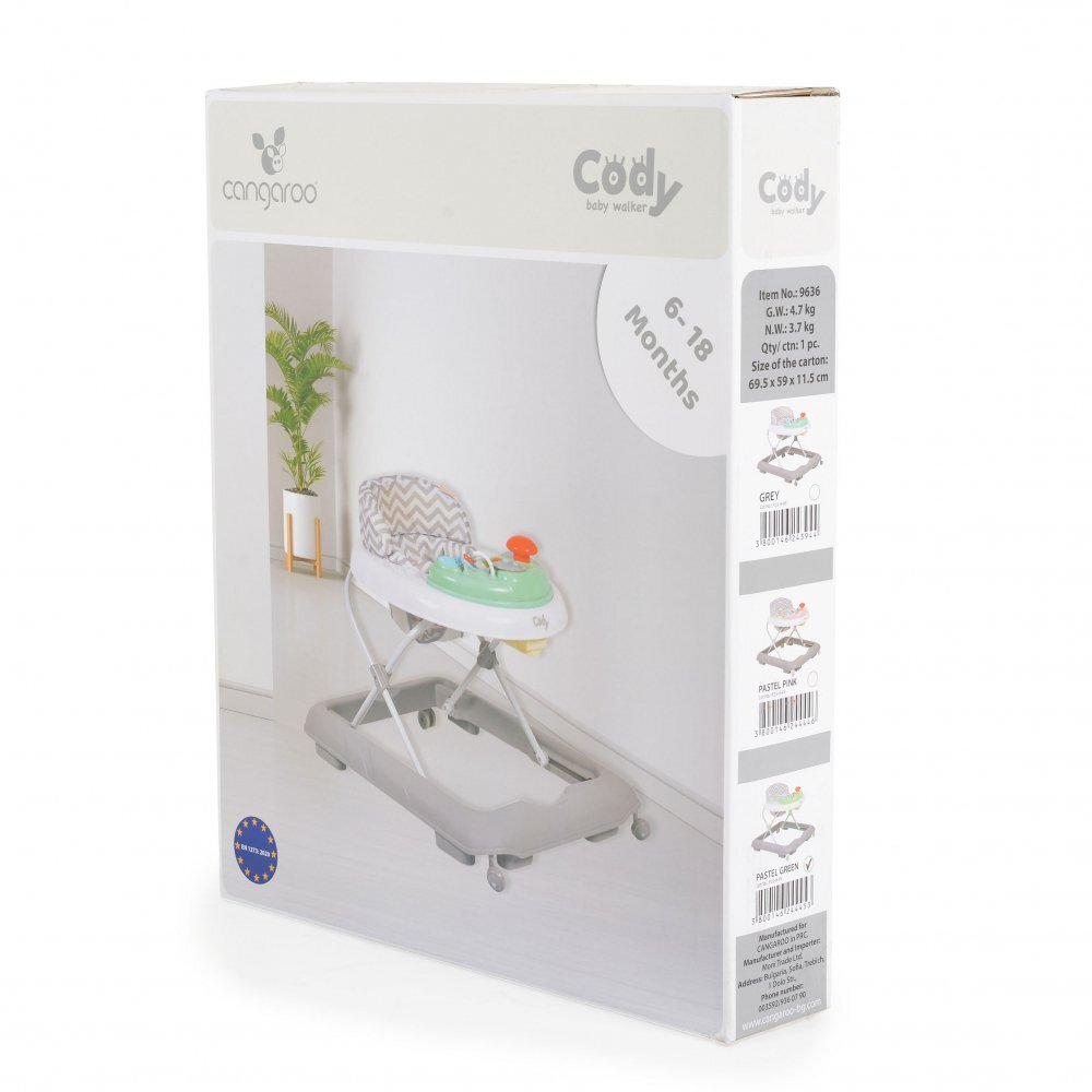 CANGAROO Premergator pentru copii Cody Pastel Green pliabilinaltime reglabila 3 pozitiiscaun cu spatar inalt si moaleroti pivotante6 dopuri din silicon anti-alunecarepanou muzical cu 12 melodii