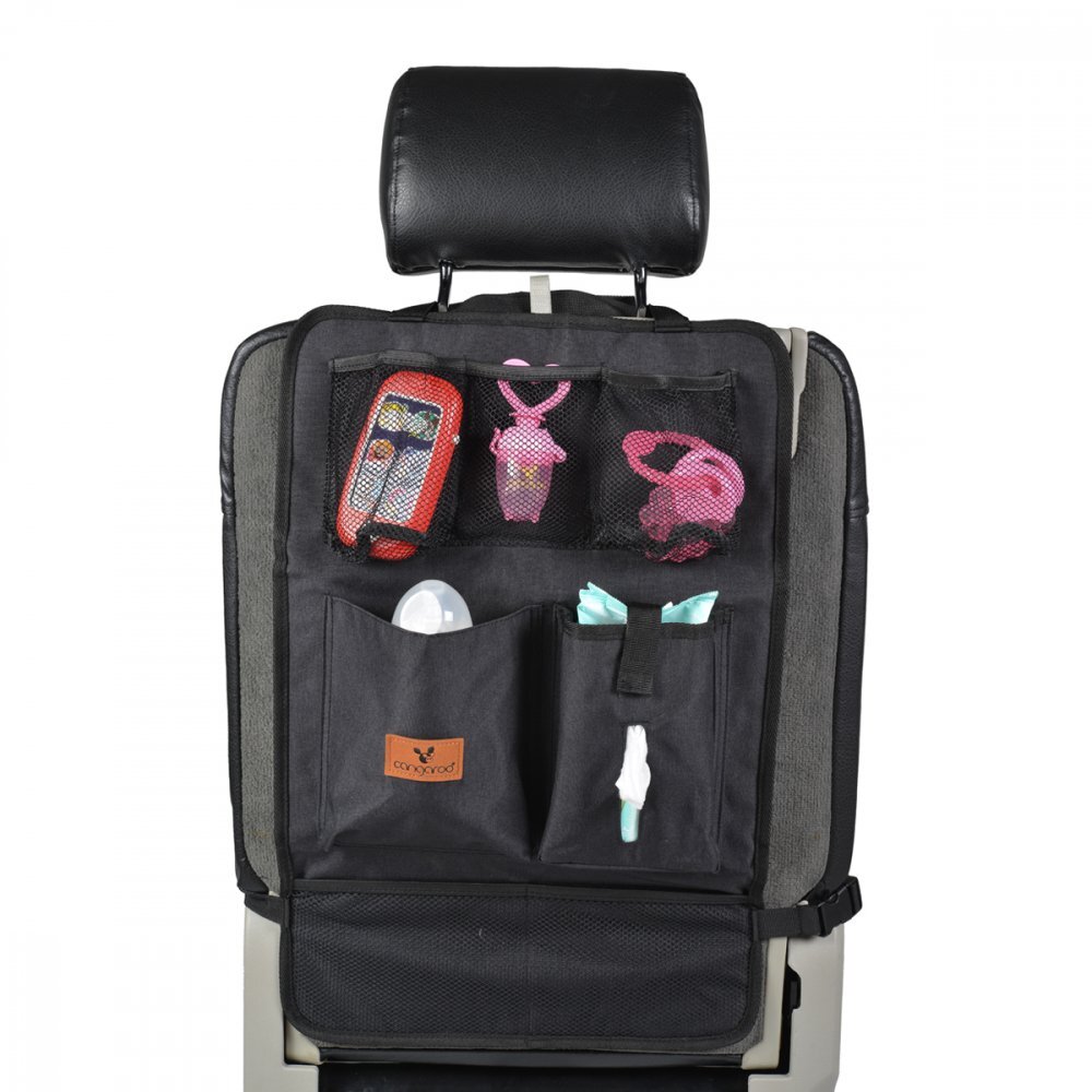 CANGAROO Protectie spatar si organizator auto pentru copii BlackModel universalProtejeaza scaunul din fata de murdarieBuzunare multipleCompartiment pentru seervetele umede si SticlaDimensiune 59x39 cm