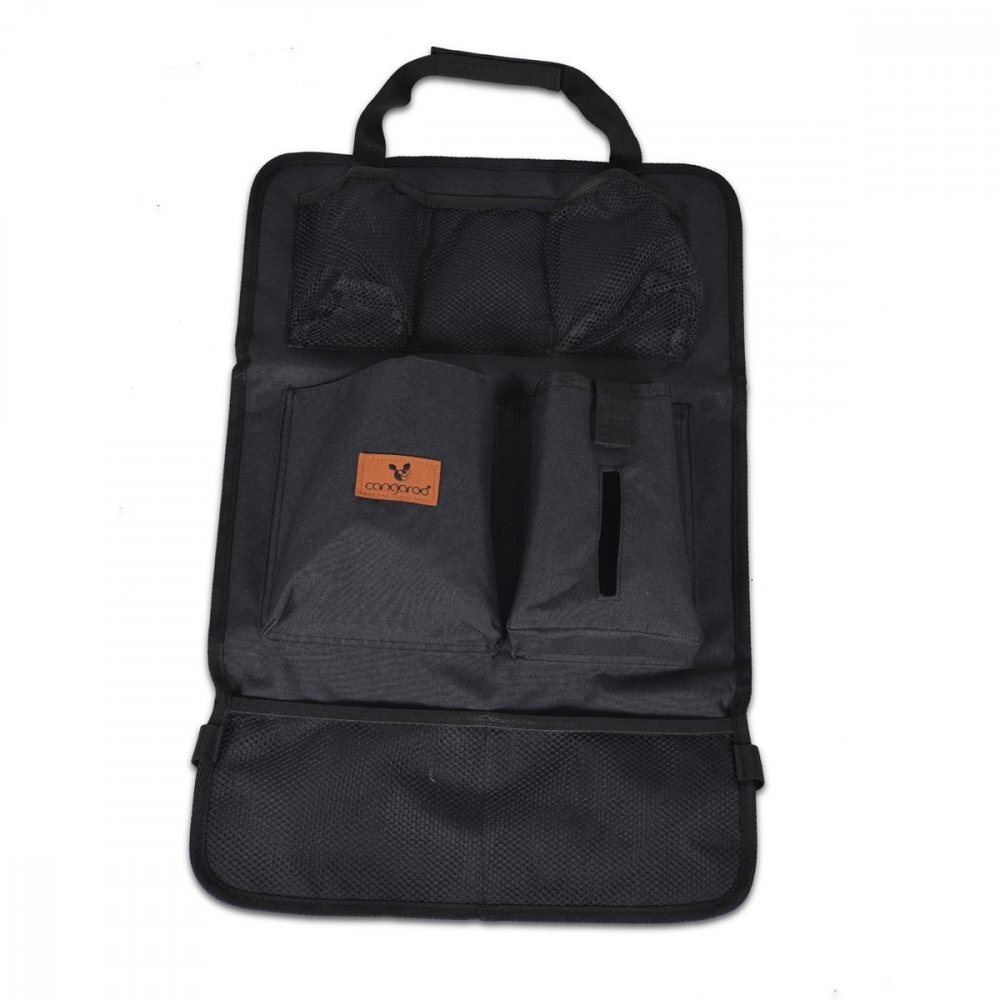 CANGAROO Protectie spatar si organizator auto pentru copii BlackModel universalProtejeaza scaunul din fata de murdarieBuzunare multipleCompartiment pentru seervetele umede si SticlaDimensiune 59x39 cm