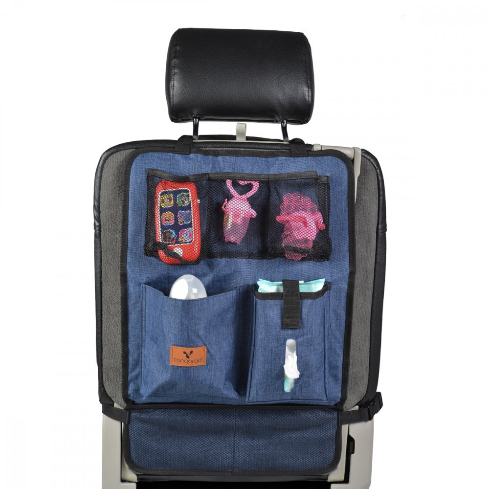 CANGAROO Protectie spatar si organizator auto pentru copii DenimModel universalProtejeaza scaunul din fata de murdarieBuzunare multipleCompartiment pentru seervetele umede si Sticla