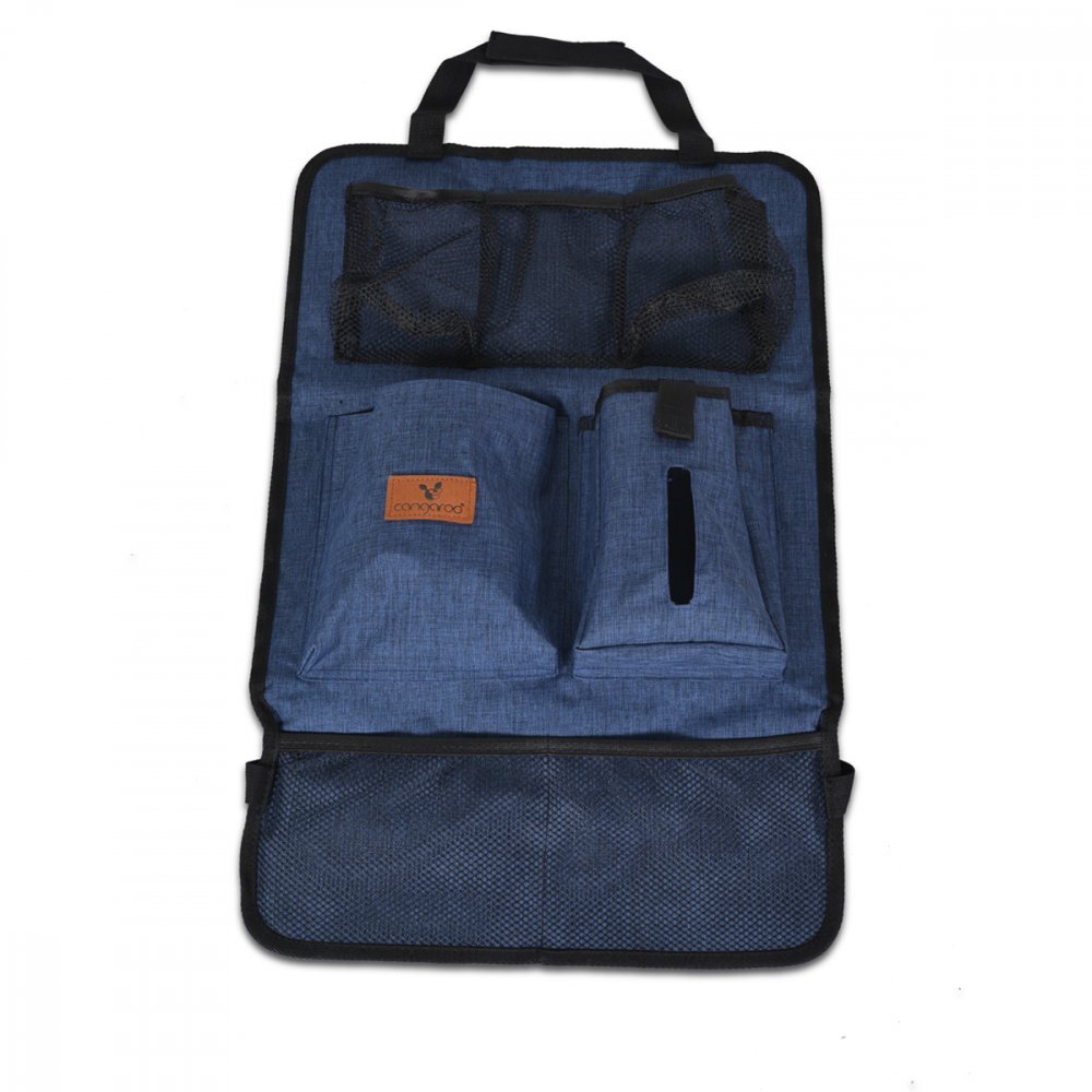 CANGAROO Protectie spatar si organizator auto pentru copii DenimModel universalProtejeaza scaunul din fata de murdarieBuzunare multipleCompartiment pentru seervetele umede si Sticla