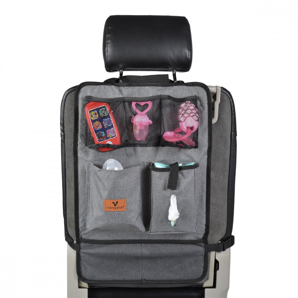 CANGAROO Protectie spatar si organizator auto pentru copii GreyModel universalProtejeaza scaunul din fata de murdarieBuzunare multipleCompartiment pentru seervetele umede si Sticla
