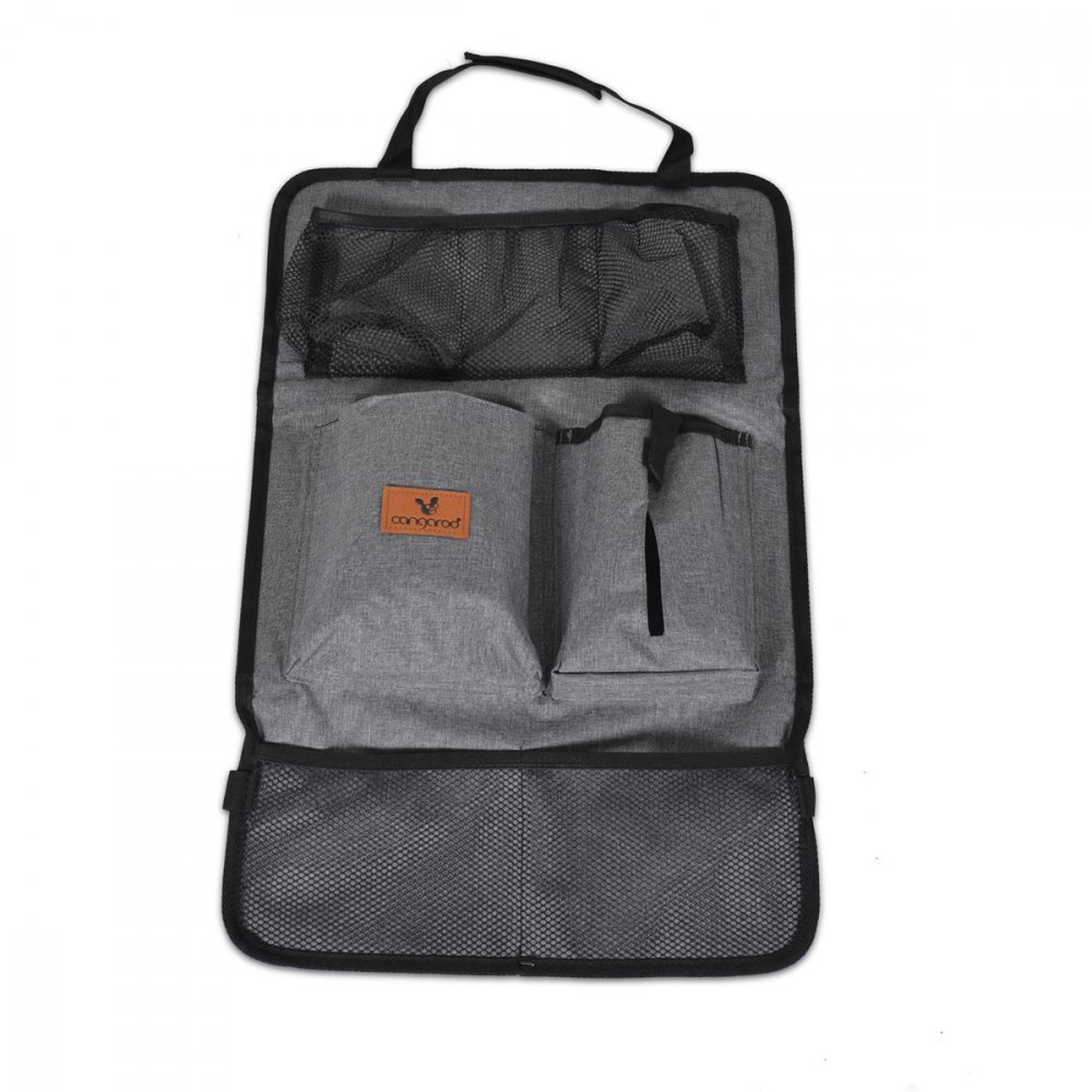CANGAROO Protectie spatar si organizator auto pentru copii GreyModel universalProtejeaza scaunul din fata de murdarieBuzunare multipleCompartiment pentru seervetele umede si Sticla