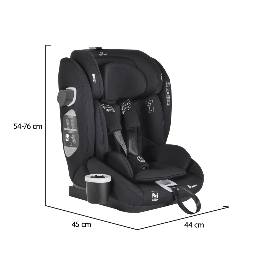 CANGAROO Scaun auto Falcon Pirate black 76-150 cmcertificat I-Size R129protectie SPStetiera din spuma memorie reglabila 9 pozitiisalteluta reductor si suport pahar incluse