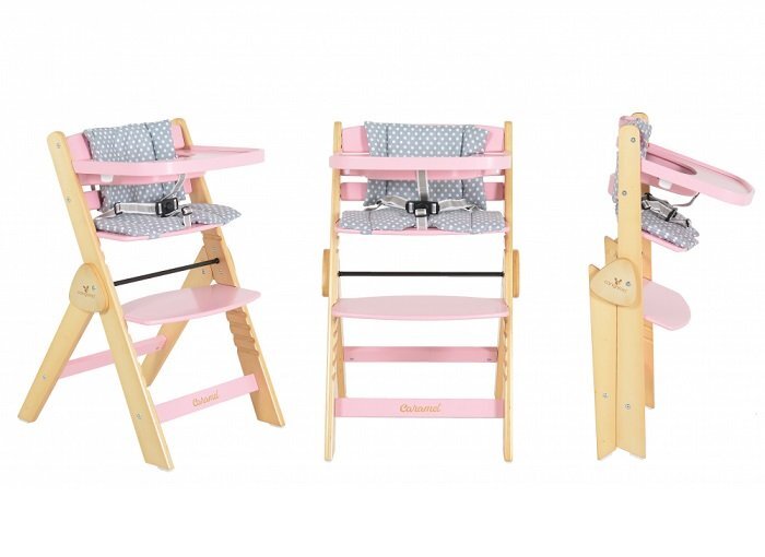 CANGAROO Scaun de masa multifunctional Caramel Pink 2in1 din lemn cu sezut reglabil 3 nivelede la 6lunisuport picioare reglabil 6 nivelepliere compactacentura de sigurantapernuta moale inclusapicioare antiderapante