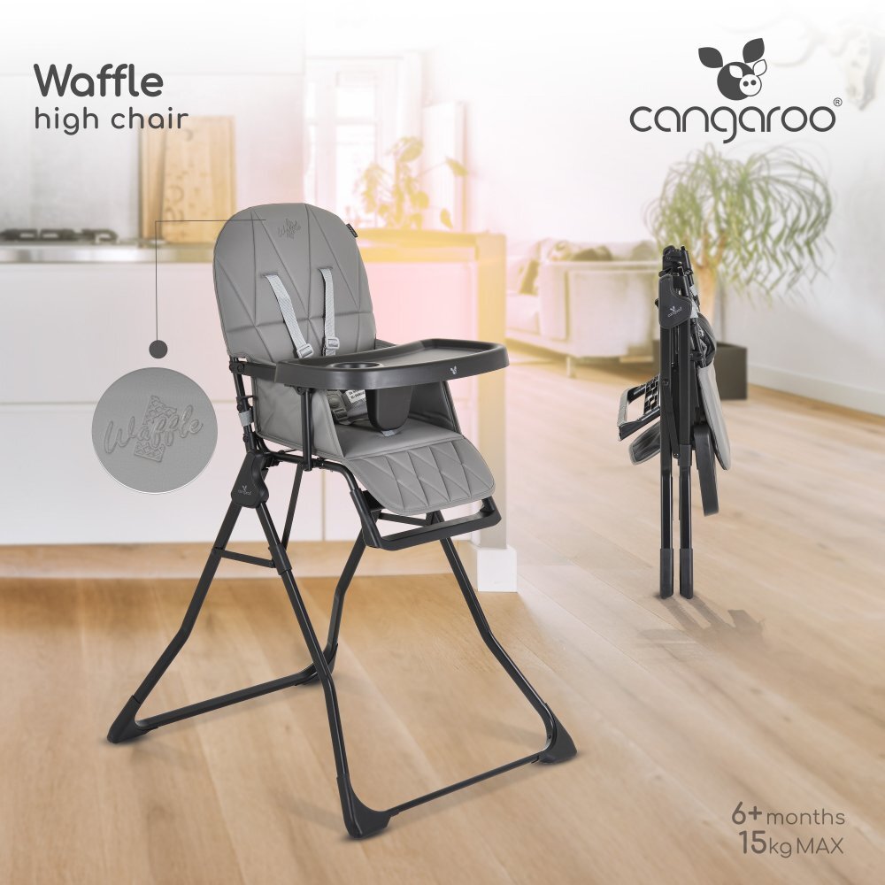 CANGAROO Scaun de masa pentru copii Waffle Greymodel pliabil compact cu unitatea scaunuluihusa din piele ecologica suport picioare reglabilcentura de sigurantatava reglabila in 3 pozitiigreutate admisa 15 kg