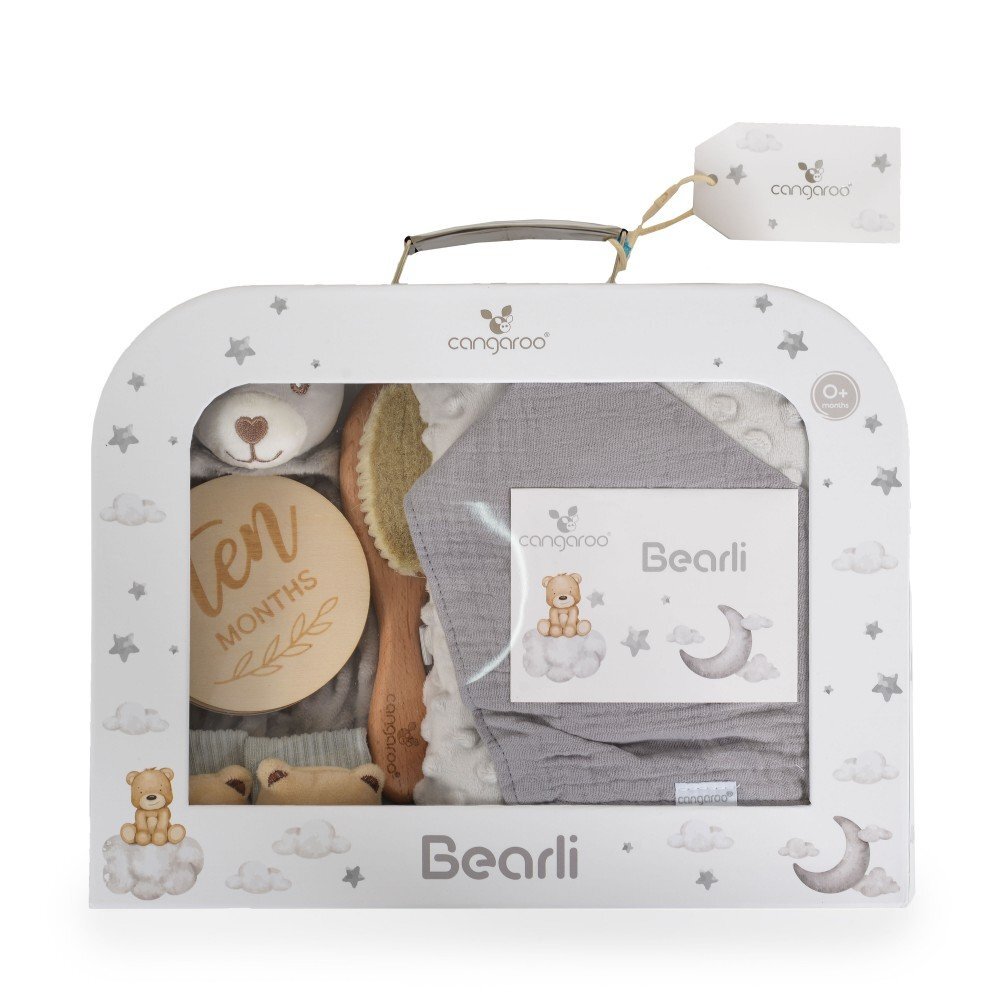 CANGAROO Set cadou 6in1 pentru nou nascut Bearly Gri cu paturica dubla 100x80cmjucarie atasamentsosetebavetaperie cu peri naturali si cartonase etape crestere in cutie cadou cu felicitare
