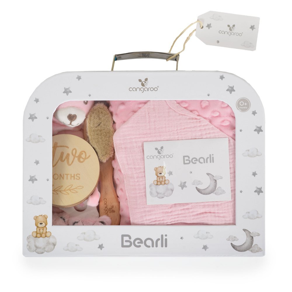 CANGAROO Set cadou 6in1 pentru nou nascut Bearly Gri cu paturica dubla 100x80cmjucarie atasamentsosetebavetaperie cu peri naturali si cartonase etape crestere in cutie cadou cu felicitare