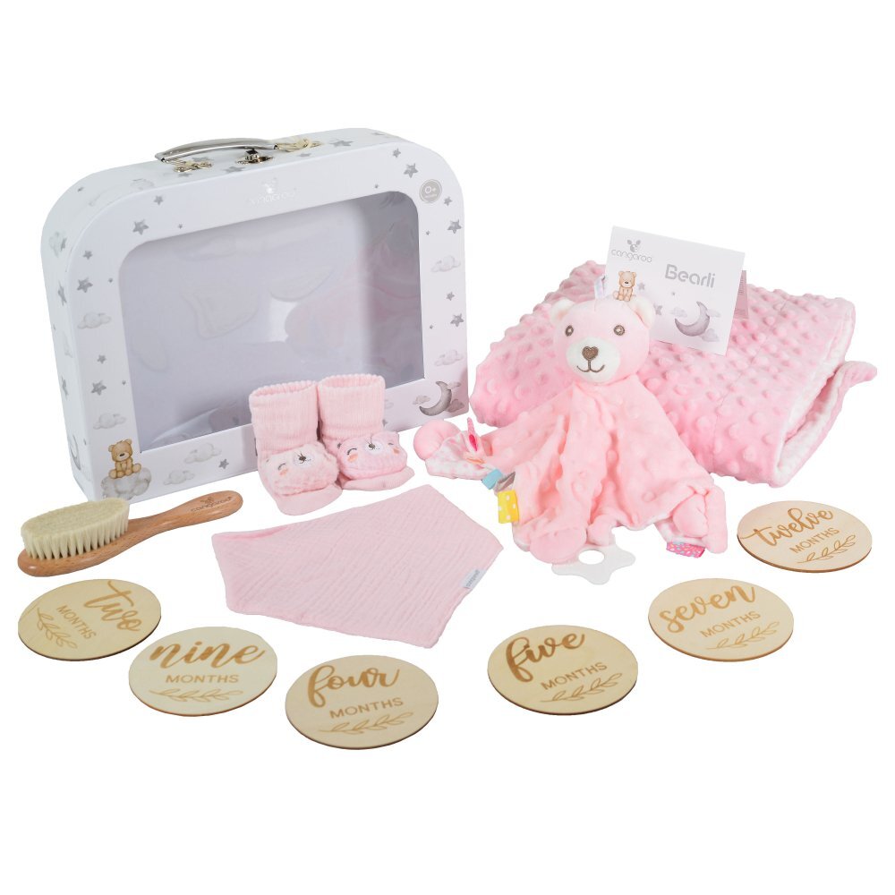 CANGAROO Set cadou 6in1 pentru nou nascut Bearly Gri cu paturica dubla 100x80cmjucarie atasamentsosetebavetaperie cu peri naturali si cartonase etape crestere in cutie cadou cu felicitare