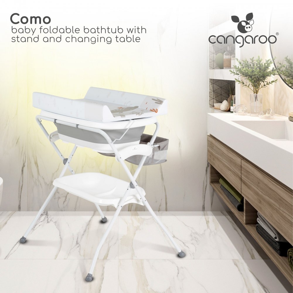 CANGAROO Set de baie 2in1 Como Gri cu design PliabilMasuta de infasat impermeabila cu taliometruCadita pliabila cu furtun scurgere apaOrganizatorPolita pentru accesoriiInaltime confortabila pentru parinti