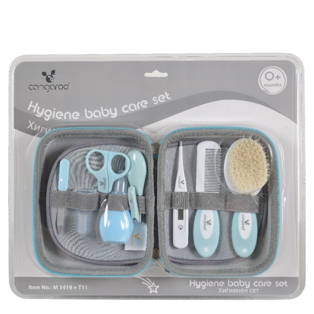 CANGAROO Set ingrijire pentru bebelusi si copii Bath Care Albastruinclude degetar din siliconforfecutaunghierapila de unghiiperie de parpieptenepara nazalatermometrugentuta inclusa