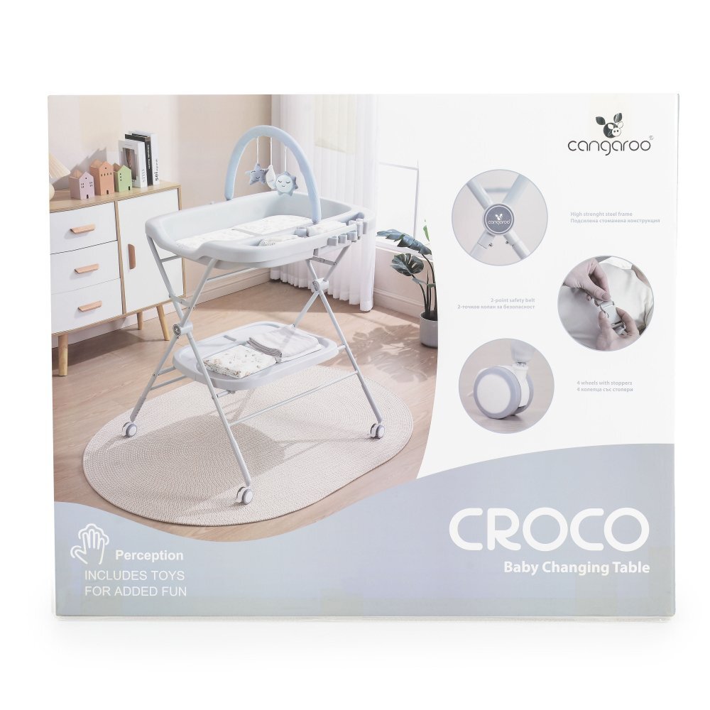 CANGAROO Set Multifunctional Masuta schimbat scutece pliabila cu Saltea Croco GriSaltea cu TaliometruHusa detasabila cu fermoarInaltime reglabila pe 5 niveleRoti cu blocareBara cu jucariiOrganizatorPolita accesorii