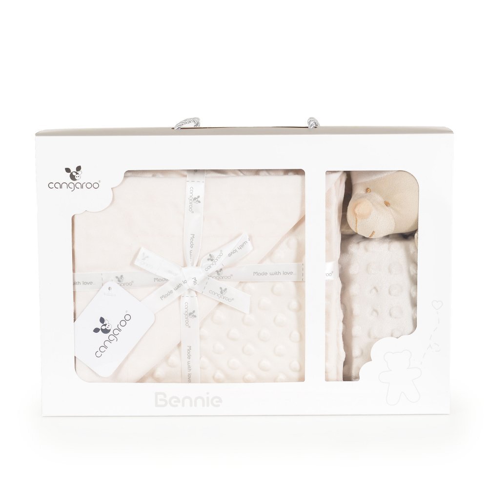 CANGAROO Set paturica 75x100cm si jucarie de atasament Bennie Beige din bumbac Minkyin cutie cadou eleganta