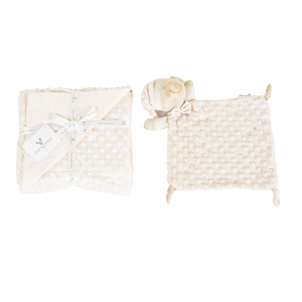 CANGAROO Set paturica 75x100cm si jucarie de atasament Bennie Beige din bumbac Minkyin cutie cadou eleganta